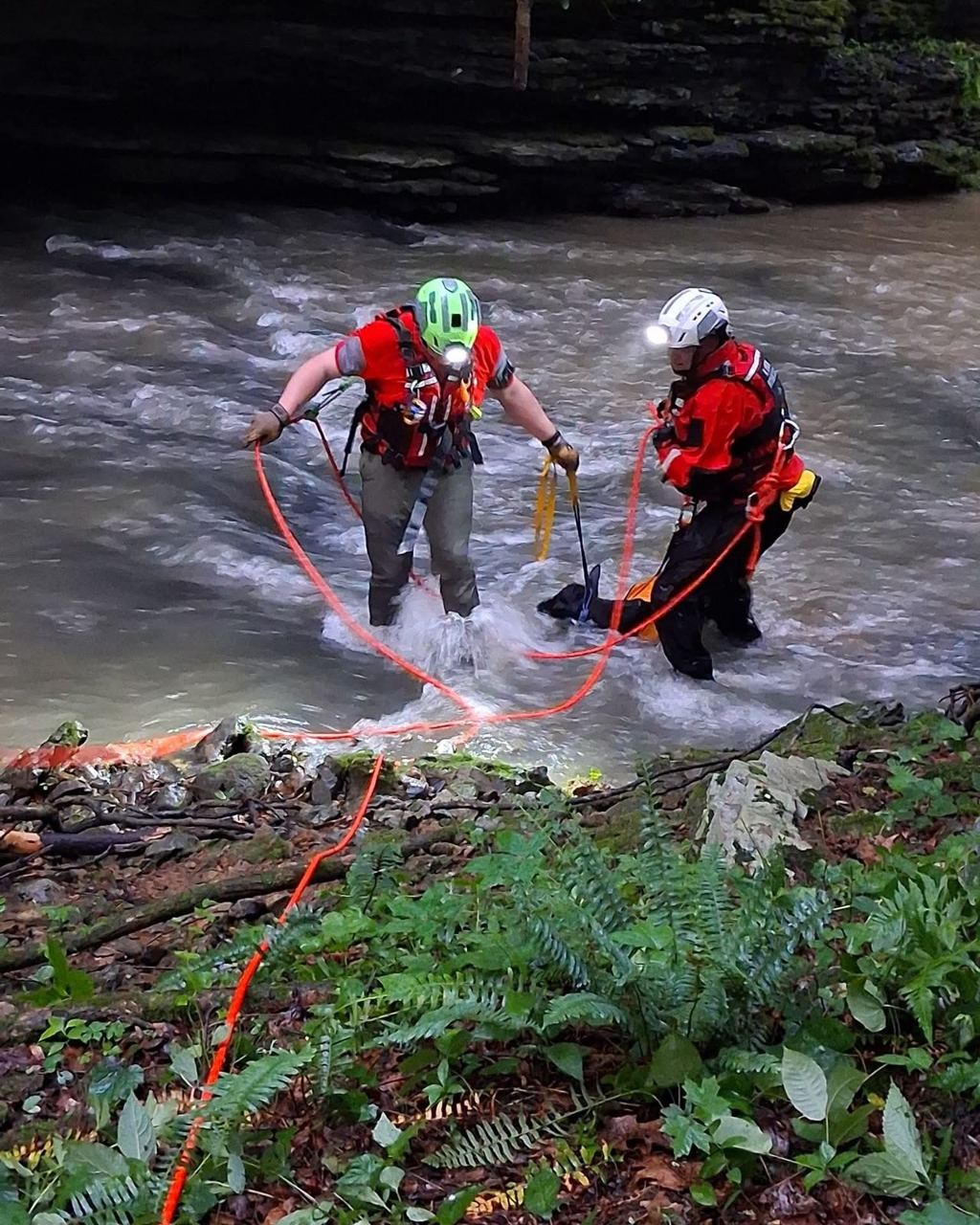 Rescuers using a rope system to recover a stranded calf from a swift creek